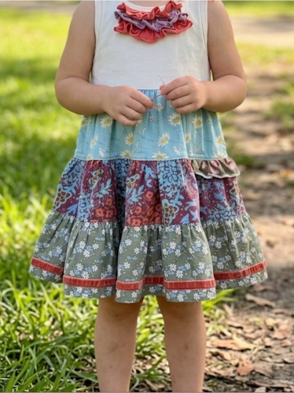 🐕‍🦺Matilda Jane Cream, Blue & Green Tiered Floral Ruffle Dress size 2 GUC